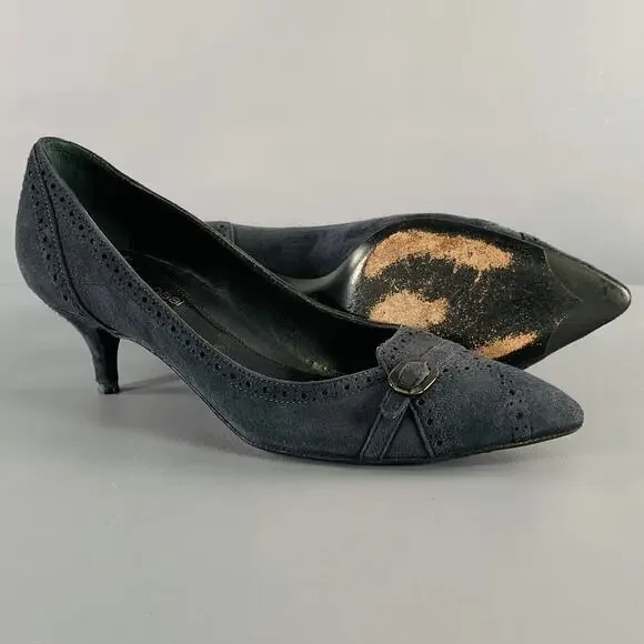 SERGIO ROSSI Size 6.5 Navy Suede Perforated Kitten Heel Pumps